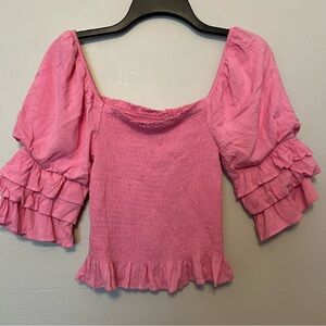 Altar’d State Smocked Puff Ruffle Balloon Sleeve Cropped Romantic Girlie Top